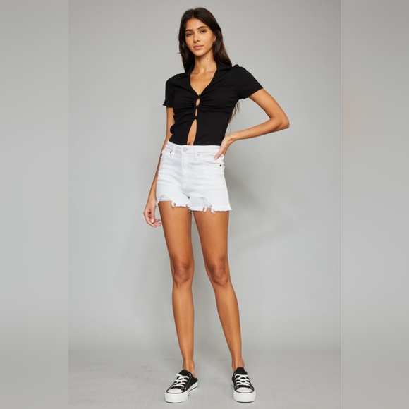 KanCan High Rise Waist Distressed White Denim Cut-off Frayed Hem Jean Shorts - Picture 9 of 16
